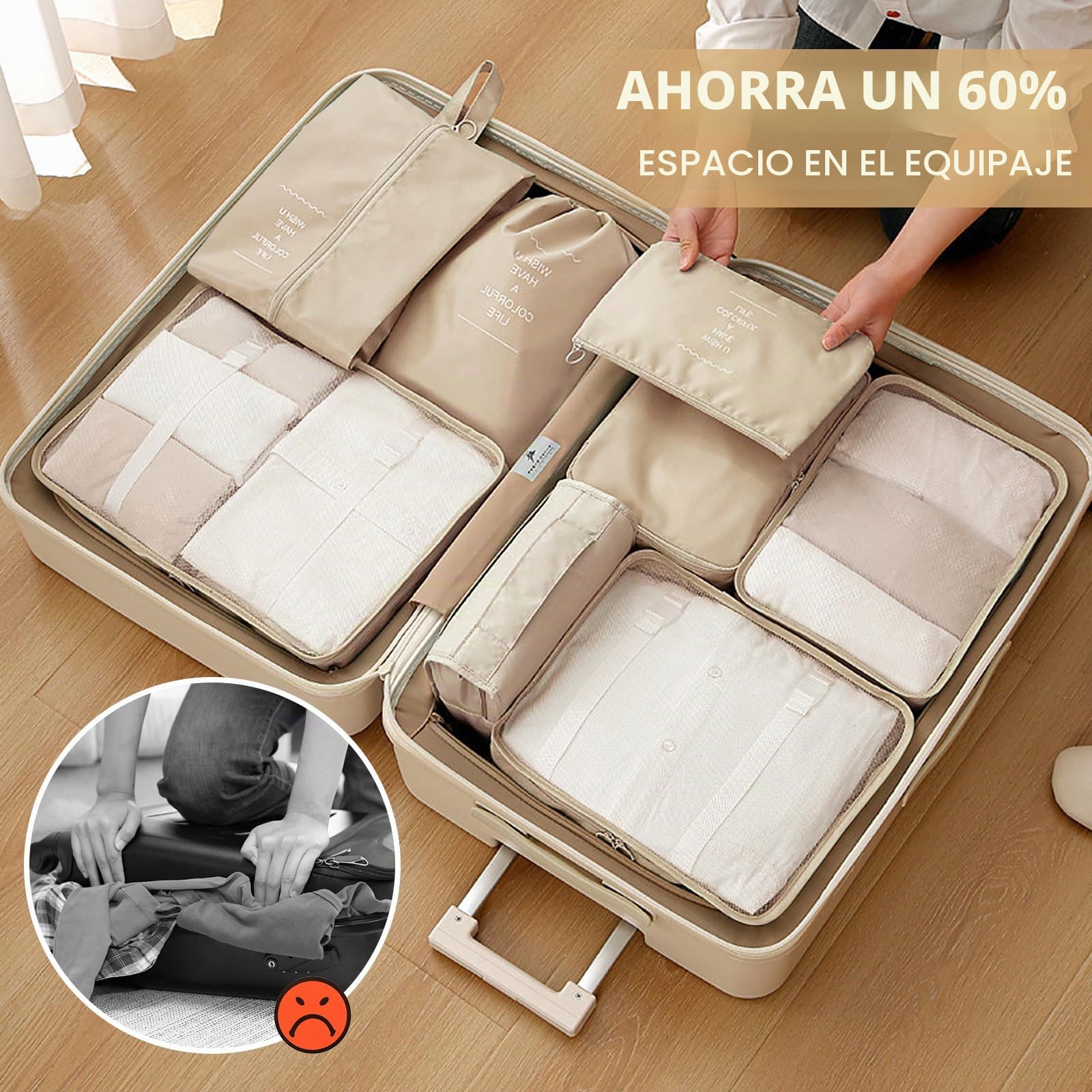 Organizador Maleta Viaje, 13 piezas Impermeable Bolsas Organizadoras Maleta, Multifunción Packing Cubes Bolsas Ropa Viaje, Organizador de Viaje con Bolsa Zapatos(Beige)