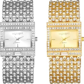 JewelryWe Damen Uhren Elegant Analog Quarz Armbanduhr Strass Rechteckig Beiläufige Uhr mit dreifach Panzerkette Armband