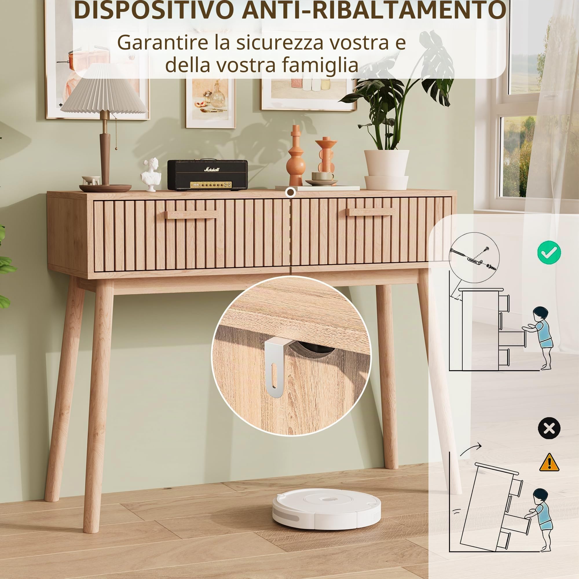Tavolo Consolle Con 2 Cassetti, Tavolino Stretto per Ingresso, Mobile Accento in Legno per Corridoio, Soggiorno, Camera Da Letto, Naturale