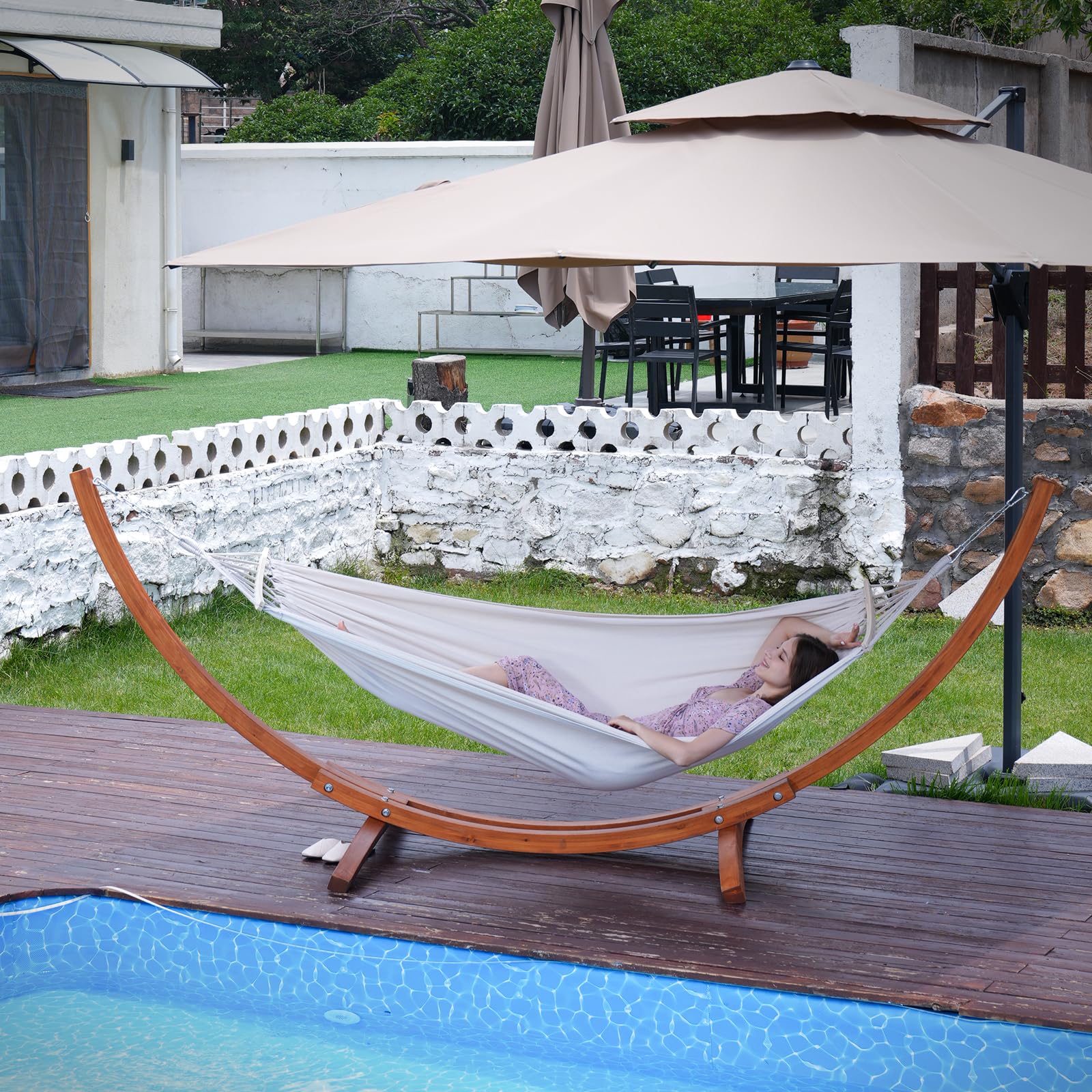 Hamaca con Soporte de Madera, Incluye 2 Hamacas, Carga 200 kg, 320x120x120 cm, Estructura Arqueada Estable de Madera, Altura Ajustable, para Jardín, Terraza y Balcón