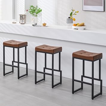FIRAVOE 28" Bar Stools Set of 3, PU Leather Backless Saddle Bar Stools