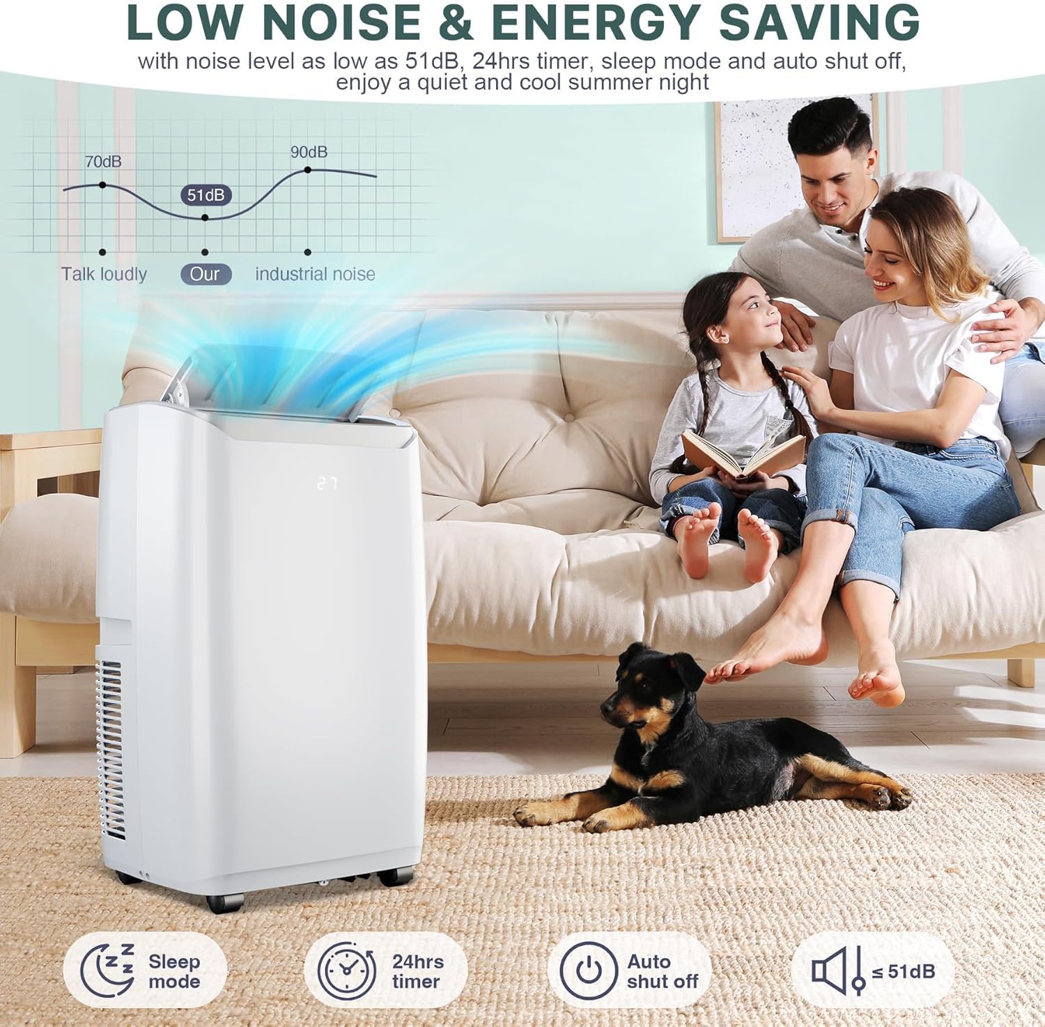 Family relaxing in a quiet room with the TROPOW Portable Air Conditioner operating, illustrating its low noise level and suitability for sleep mode.
