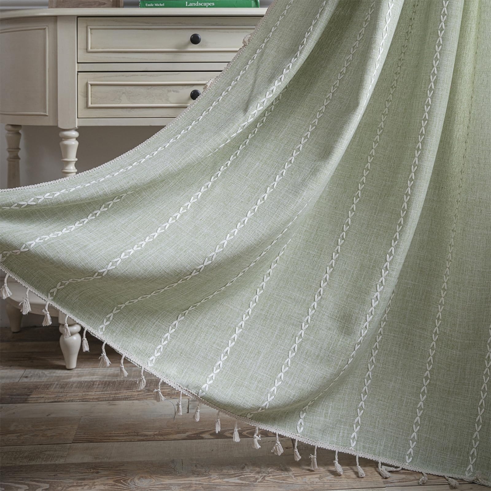 USTIDE Boho Curtains for Bedroom Living Room 84 Inches Long Soft Cotton Linen Embroidery Window Curtain Panel Farmhouse Semi Blackout Curtains with Tassel 1 Panel 52" W x 84" L