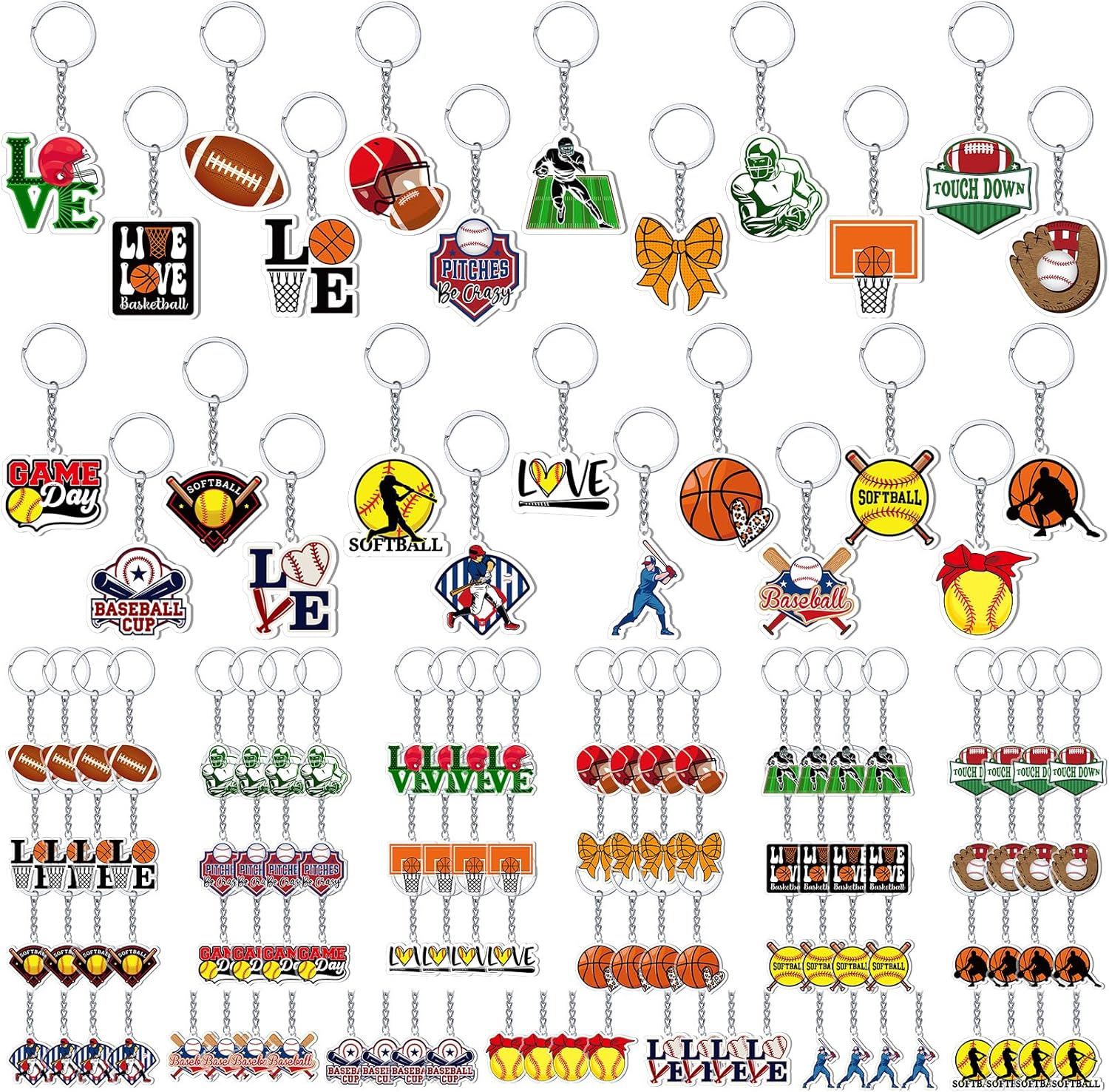 Tondiamo 100 Pcs Sports Keychains Bulk, 25 Styles Acrylic Football Baseball Basketball Softball Keychains for Sport Lovers, Team Party Favors, Game Day Giveaways, School Rewards, Goodie Bag Fillers