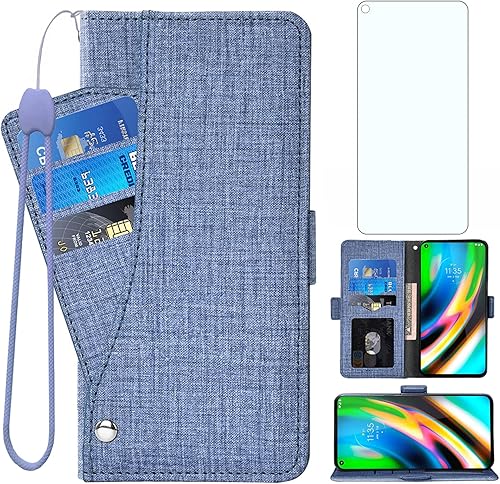 Asuwish Funda tipo cartera compatible con Moto G9 Plus, protector de pantalla de vidrio templado y funda de piel con tapa para tarjetero, fundas