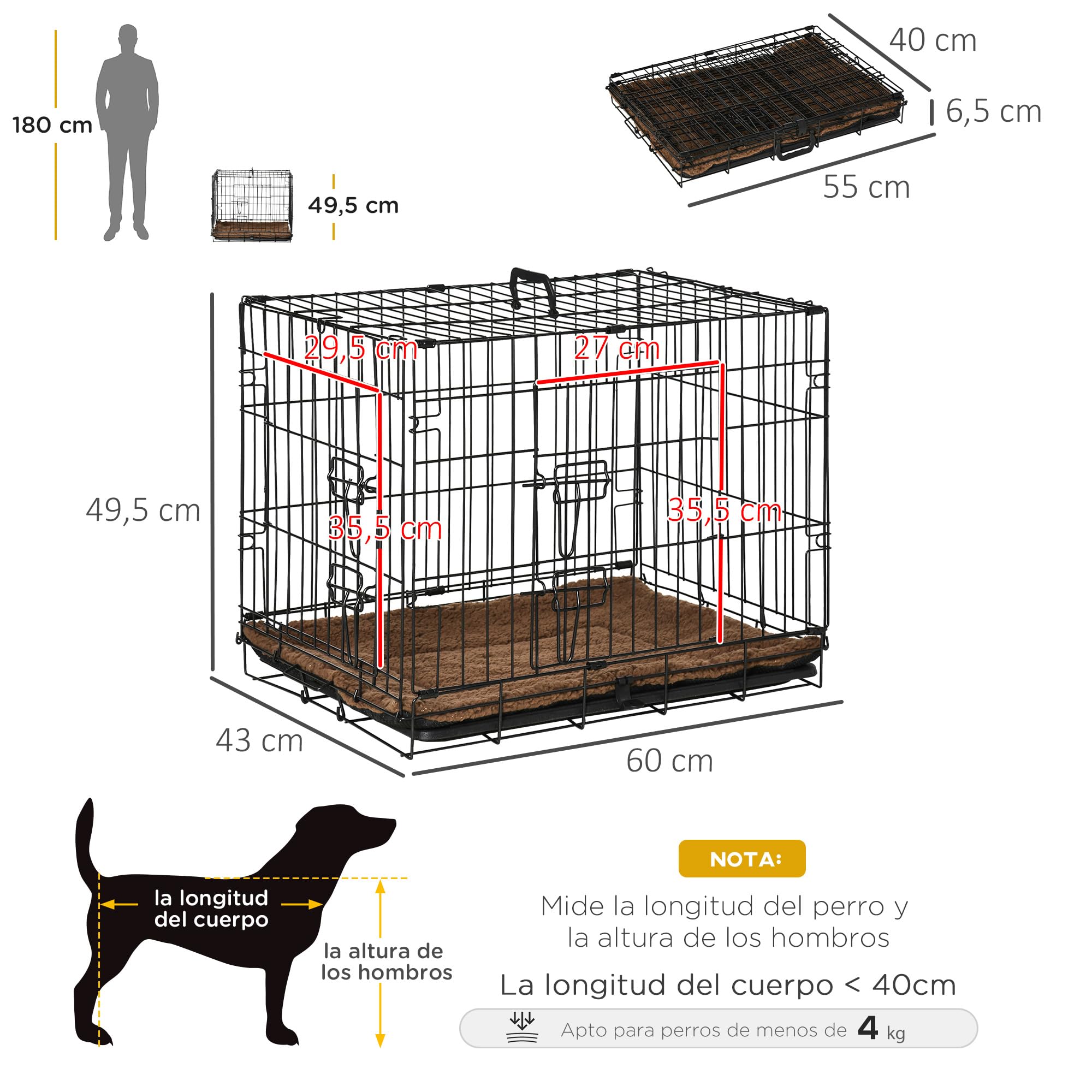 PawHut Jaula de Metal para Perros Plegable 60x43x49,5 cm con 2 Puertas Negro