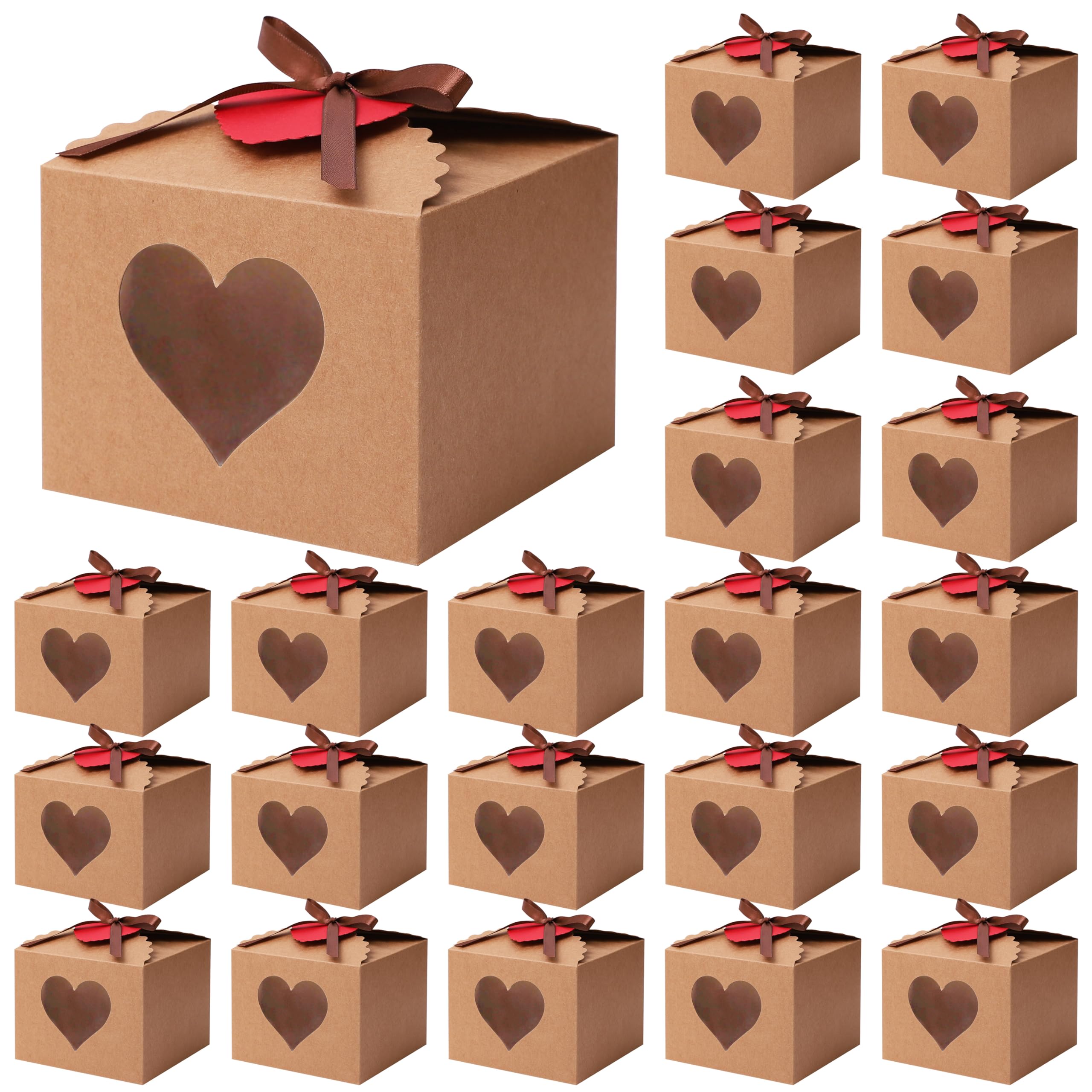 Cooraby 20 Pieces Valentine's Heart Gift Boxes with Display Window 5.1 x 5.1 x 4 Inch Kraft Paper Gift Bags Gift Packaging Boxes with Tags and Ribbons for Valentine's Day Christmas Party Decorations