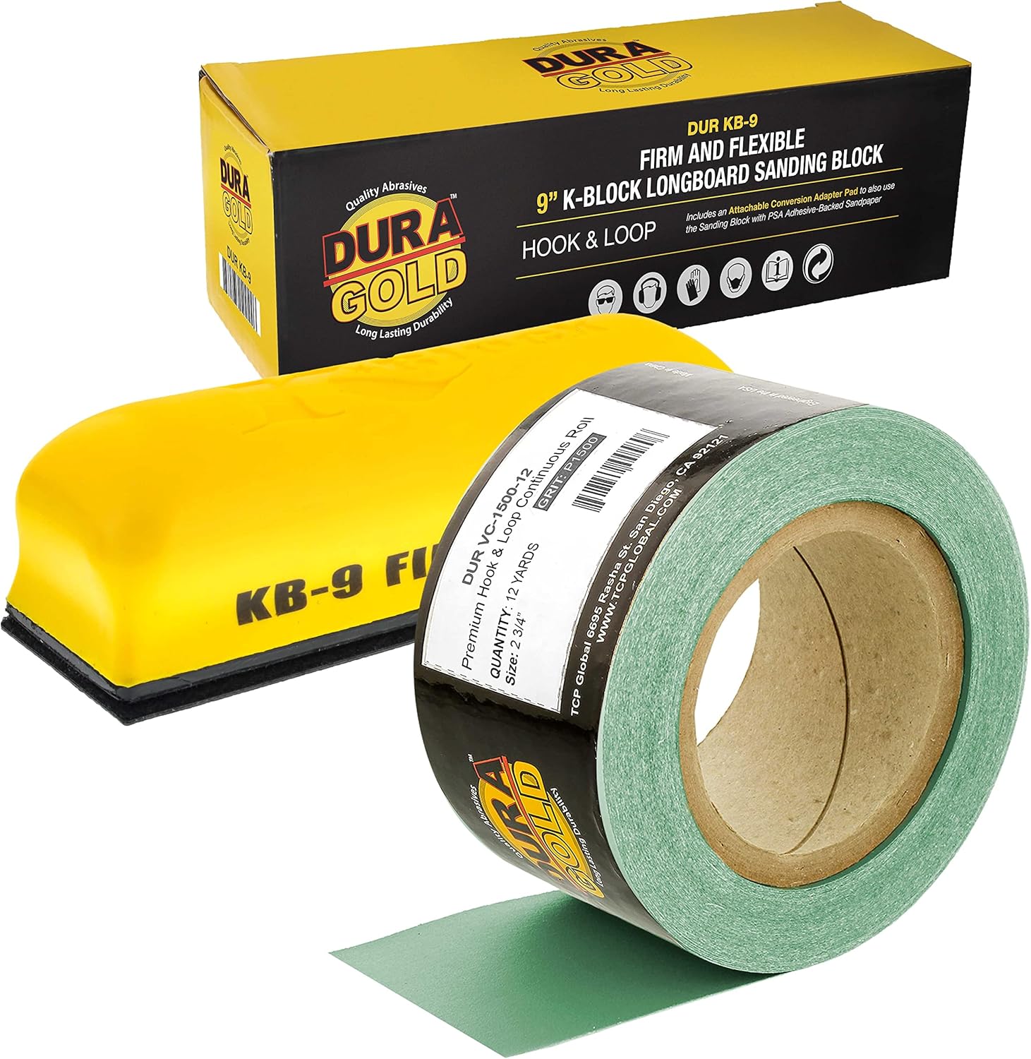 Dura-Gold Pro Series 9" K-Block Sander Firm & Flex Hand Sanding Block Pad with Hook & Loop Backing and PSA Adapter Pad & 1500 Grit Green Sandpaper Roll, 2-3/4" Wide, 12 Yards Long