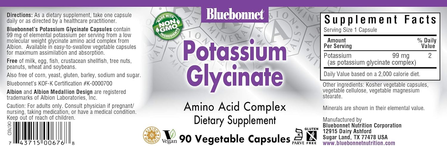 BlueBonnet Albion Potassium Glycinate Vegetarian Capsules, 99 mg, 90 Count : Health & Household