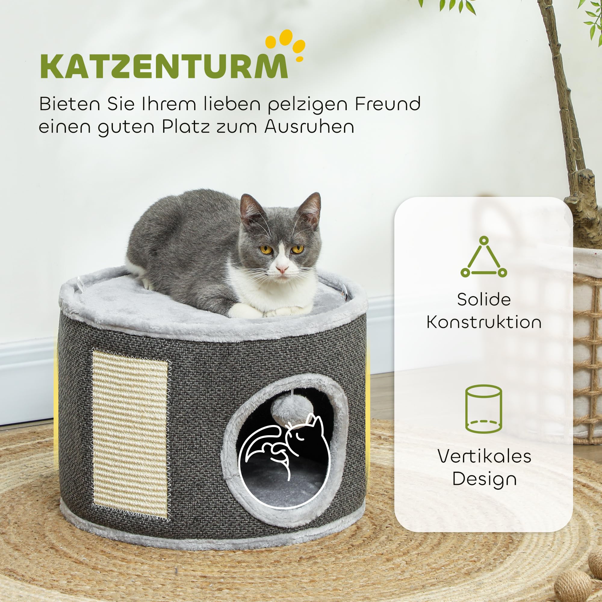 PawHut Tazzone tiragraffi alto 30 cm con grotta albero tiragraffi in sisal per gatti fino a 5 kg, bianco crema