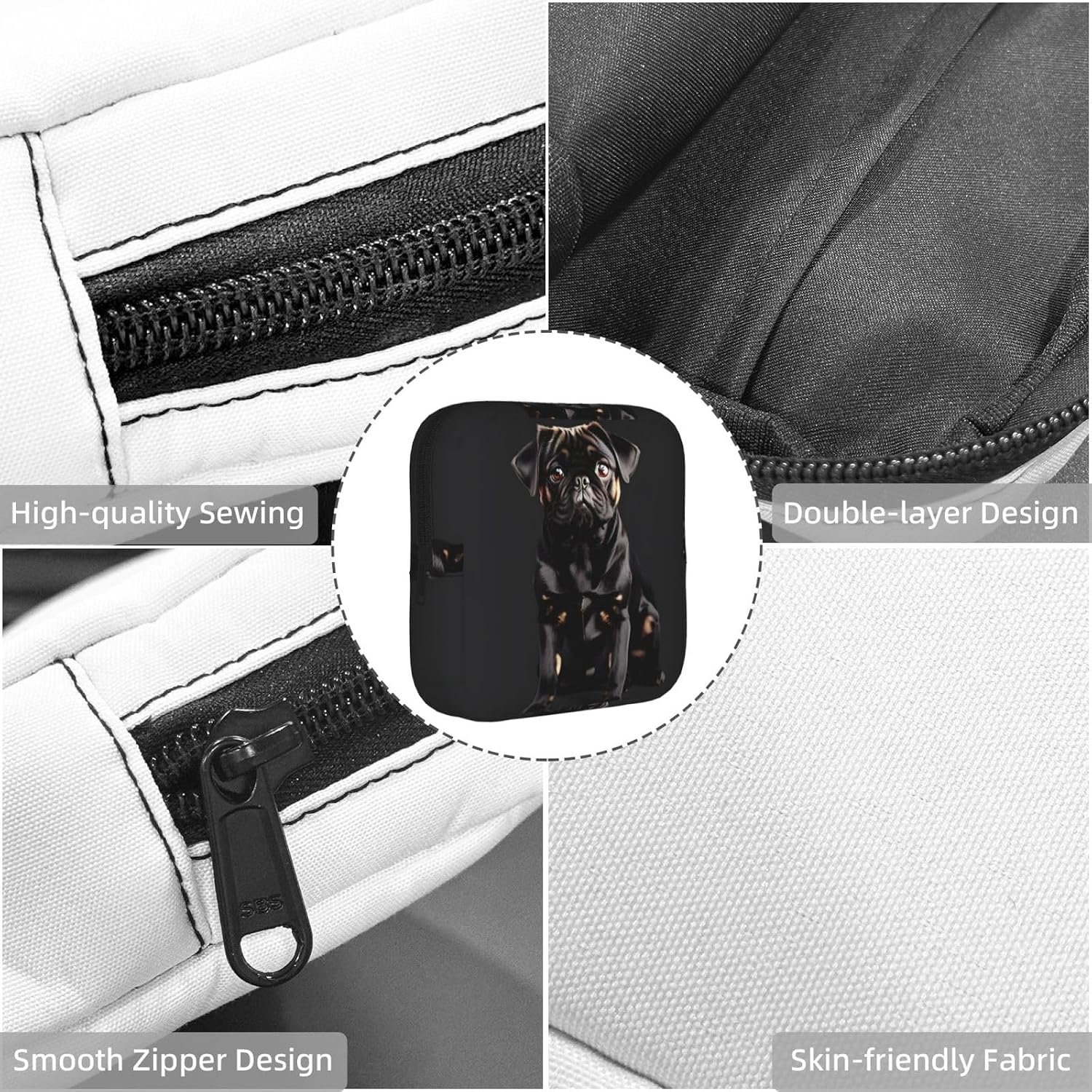 Cute Black Pug Dog-Standard-Scale-2_00x Print Multifunctional Storage Bag Pad Bag Skin-Friendly Period Pouch Reusable Tampon Bag for Female