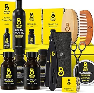 Kit Premium de Barba para Hombre de The Beard Club - Kit de Aseo y Cuidado - Aceite de Cedro y Sándalo, Bálsamo de Sándalo, Champú, Cepillo, Peine, Tijeras de Recorte, Navaja de Corte Recto - Set de