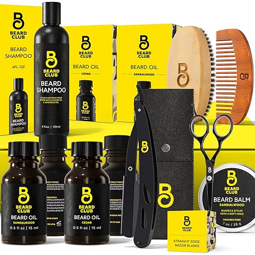 The Beard Club Premium Beard Kit for Men - Grooming & Care Kit - Cedar & Sandalwood Oil, Sandalwood Balm, Shampoo, Brush, Comb, Trimming Scissors, Straight Edge Razor - Gift Set