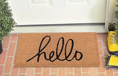 LuxUrux Hello Mat - Felpudo de fibra de coco para exteriores, con respaldo de PVC resistente, natural, colortamaño perfecto para uso en exteriores e