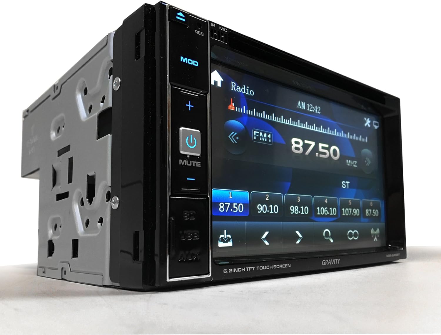 Front 3/4 view of GRAVITY VGR-640BT car media player with radio screen displayed