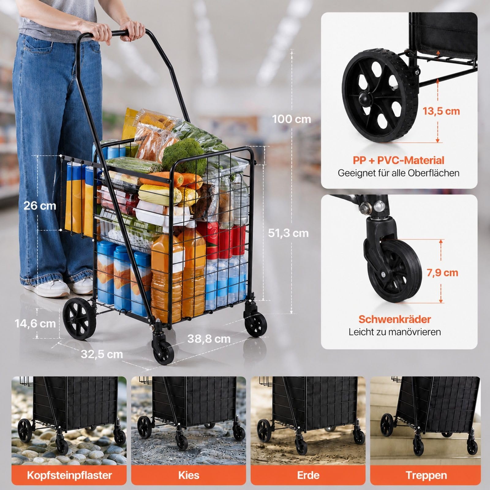 Zusammenklappbarer Einkaufsroller mit 2 Körben, Rollen und Auskleidung, für Wäsche, Einkaufen, Camping und Lebensmittel