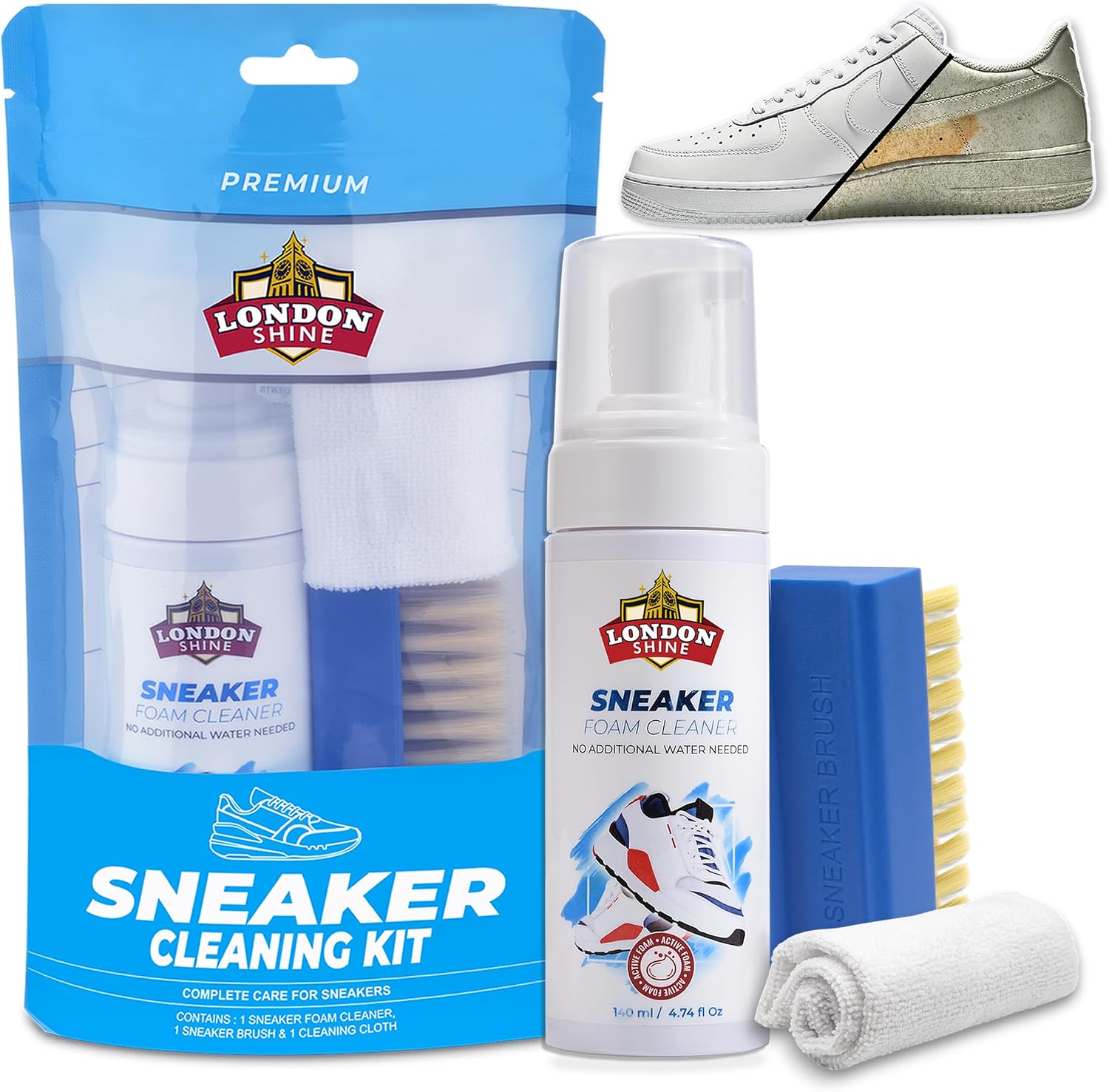 London Shine Sneaker Cleaner Kit 4.74 oz – Waterless White Shoe Cleaner with Brush & Microfiber Cloth – Deep Cleaning Kit for Sneakers, Leather, Mesh, Canvas & Boots