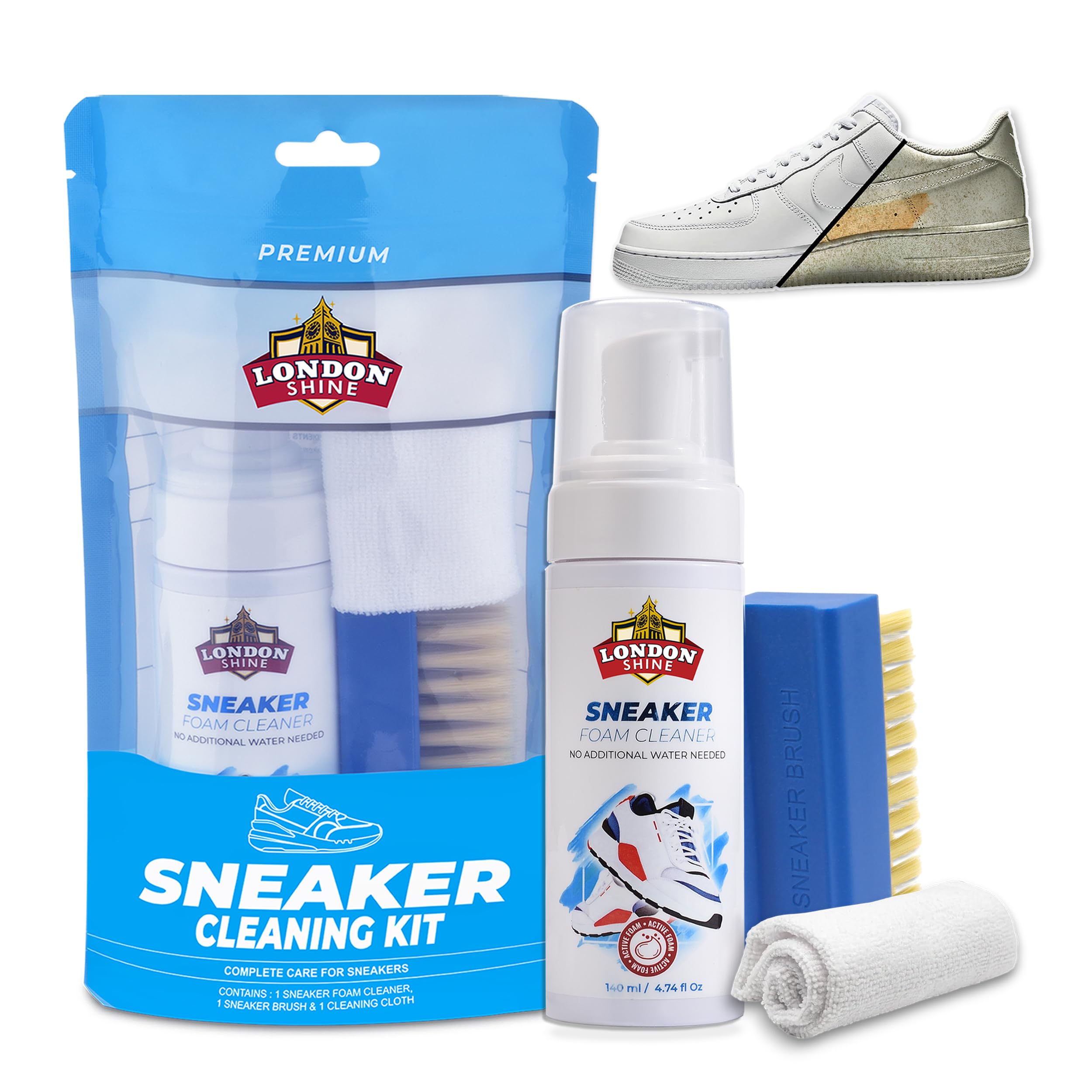 London ShineSneaker Cleaning Kit 140ml – 3 in 1 Shoe Care Set for Men & Women, Deep Cleaner for White Shoes & Sneakers – Includes Foam Cleaner, Brush & Microfiber Cloth – Premium Shoe Care Kit