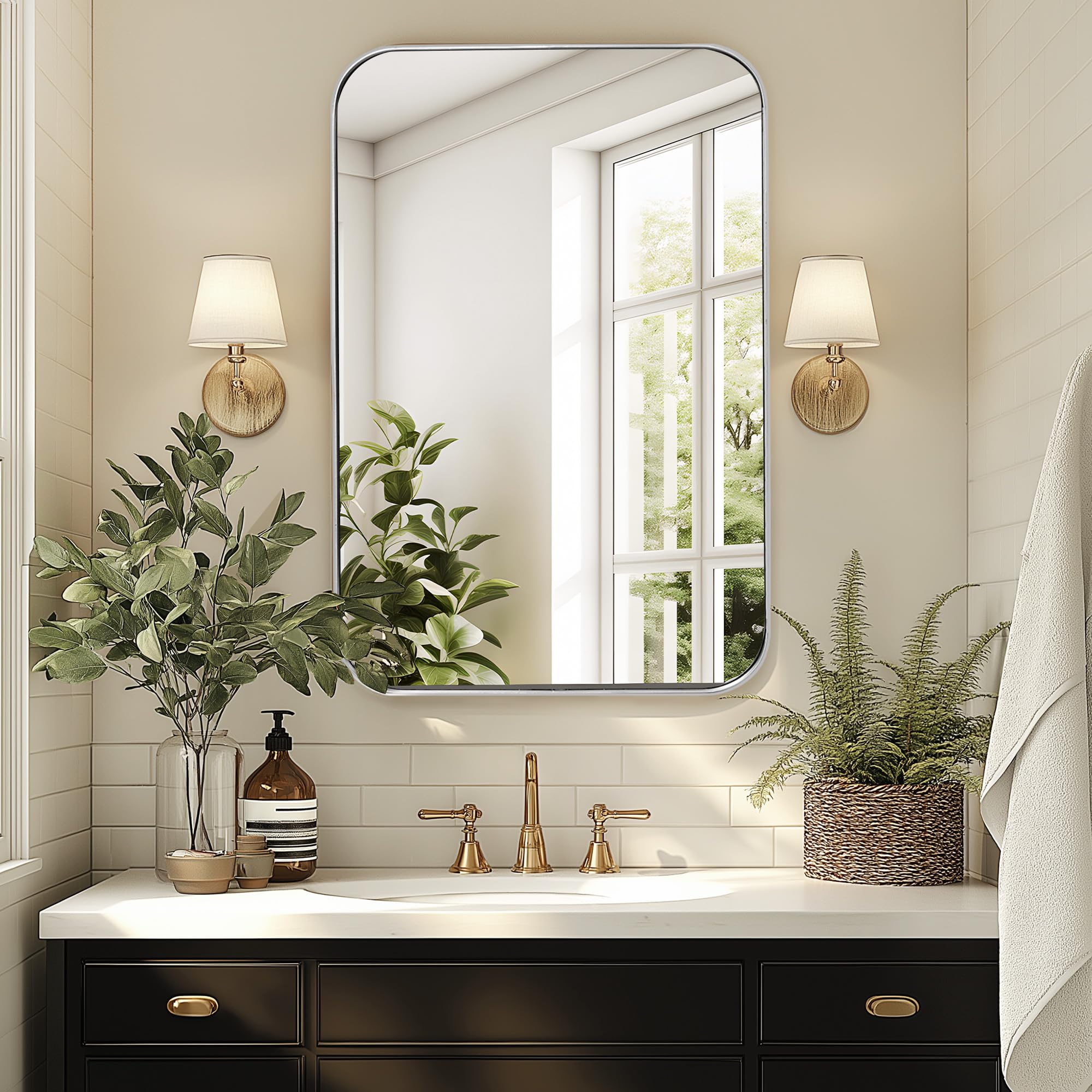 SogesHomeBathroom Medicine Cabinet with Mirror, 16x24 Mirror Medicine Cabinet, Stainless Steel Frame and 2 Adjustable Shelves, Wall Mounted Bathroom Vanity Mirror w/Storage Cabinet for Bathroom, Silk