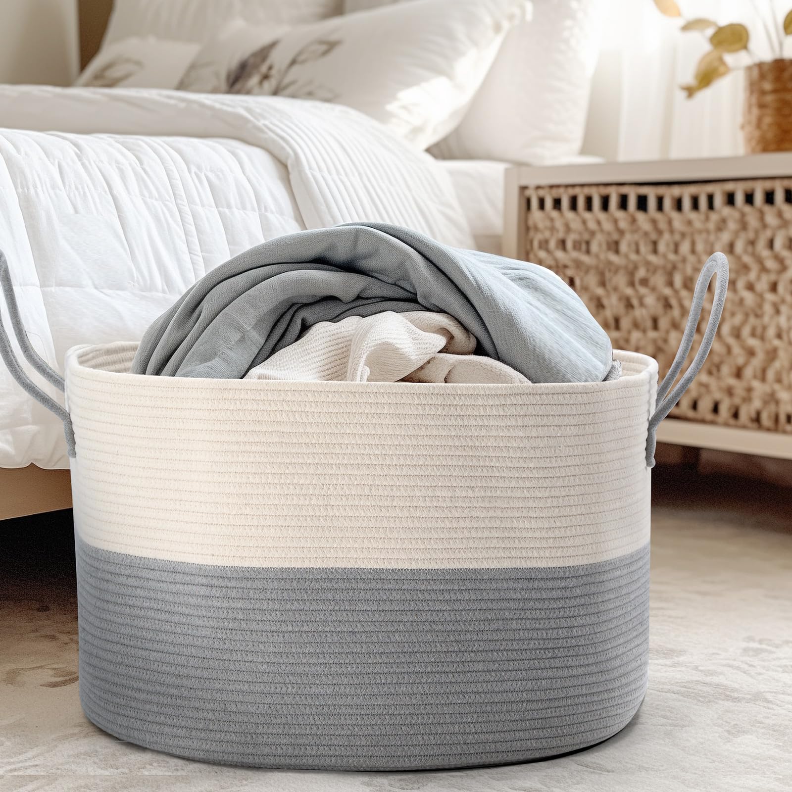 Extra Large Basket, 21.7"D X 13.8"H Cotton Rope Basket with Handles ...
