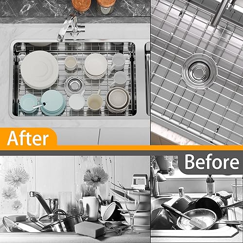 Miniatura 8 de Protector de fregadero y rejilla inferior para cocina, 26.8 pulgadas de largo x 16.5 pulgadas de ancho, rejilla de fregadero con orificio de drenaje
