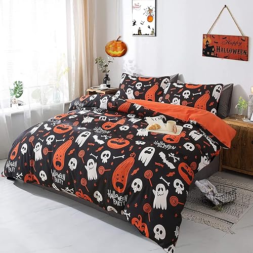 Miniatura 2 de Juego de funda de edredón de Halloween tamaño Queen, juego de funda de edredón de 3 piezas con calavera negra y calabaza con 2 fundas de almohada,