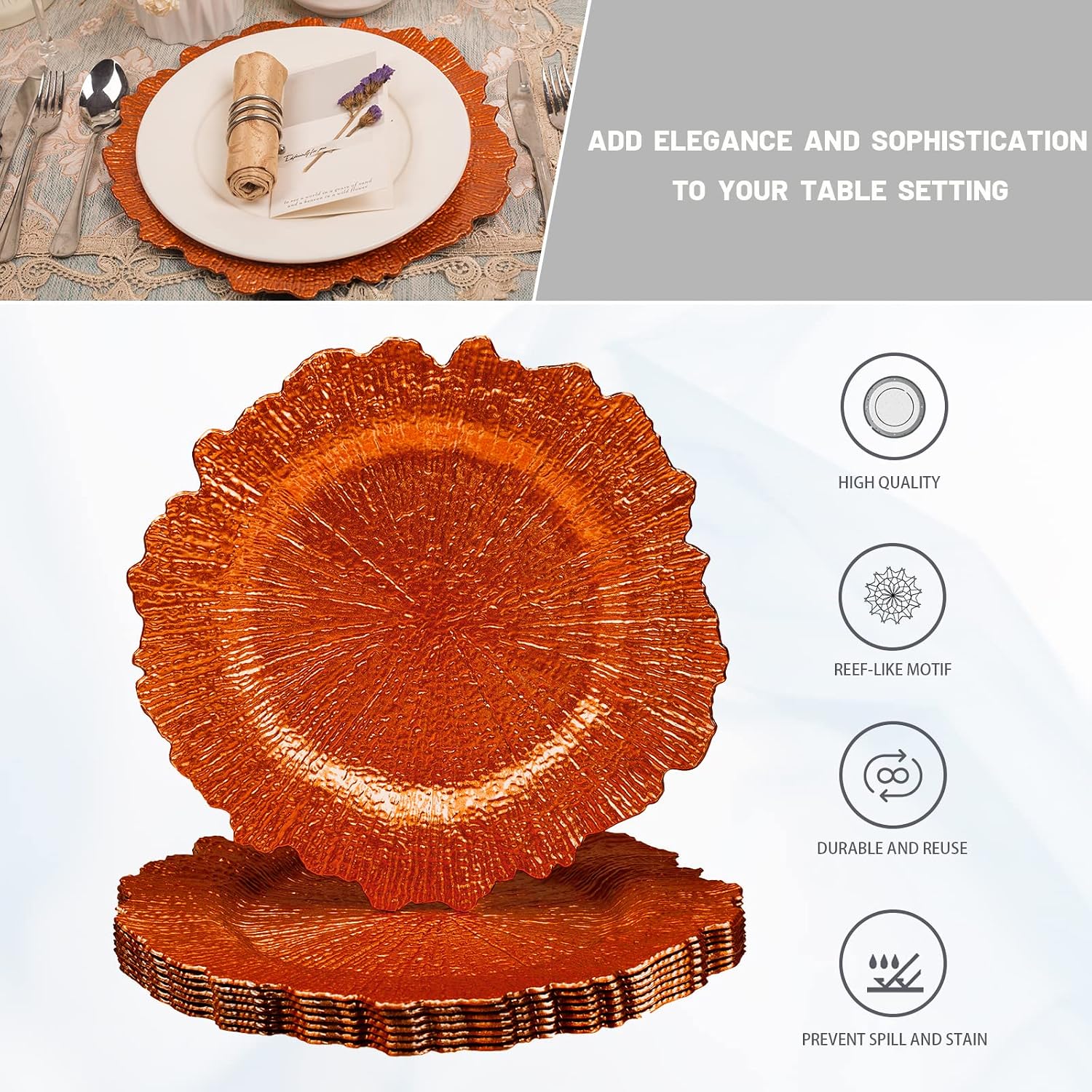 MAONAME Orange Charger Plates Set of 8, Reef Chargers for Dinner Plates