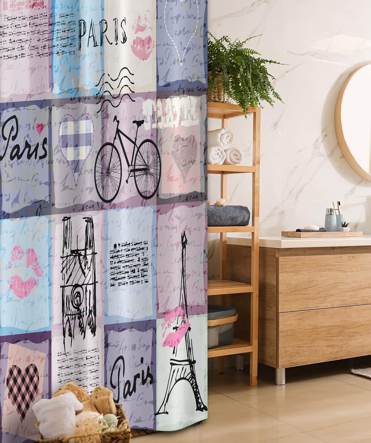 Ambesonne Paris Stall Shower Curtain, Grunge Textured Retro Collage of France Famous Object Eiffel Tower Europe Theme, Fabric Bathroom Decor Set with Hooks, 36" W x 72" L, Multicolor Lilac