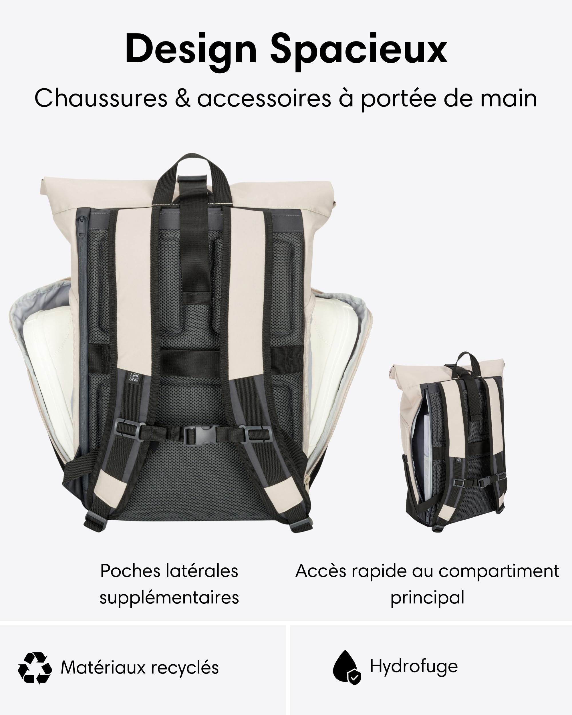 LARKSON Sac à Dos Femme Homme Beige Gris - No 4 Large - Sac à Dos De Voyage Grand Format - Backpack Avec Compartiment Pour Ordinateur Portable 16 Pouces - Hydrofuge