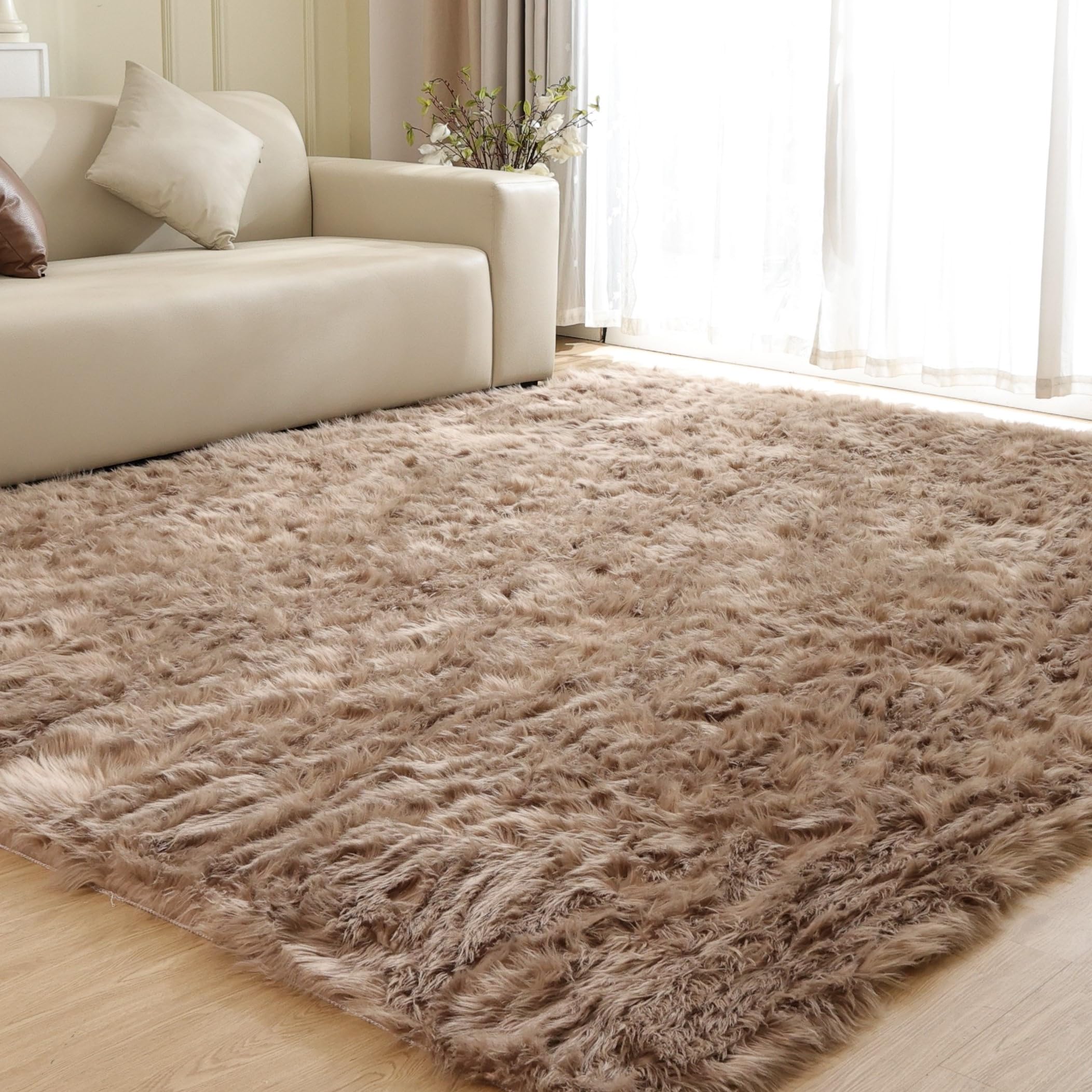 ORINOVA Beige Area Rugs for Living Room Bedroom Nursery 9X12 Washable Faux Sheepskin Fluffy Fur Rug Kids Room Decor Soft Cozy Home Décor