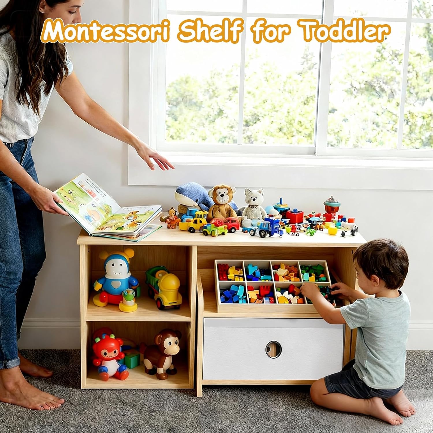 Kids Bookshelf with Bench, Toddler Table with Reading Nook, Montessori Shelf with Fabric Drawer, Toy Organizers and Storage for Kids Rooms, Nursery, Playroom, Bedroom, Natural - Image 4