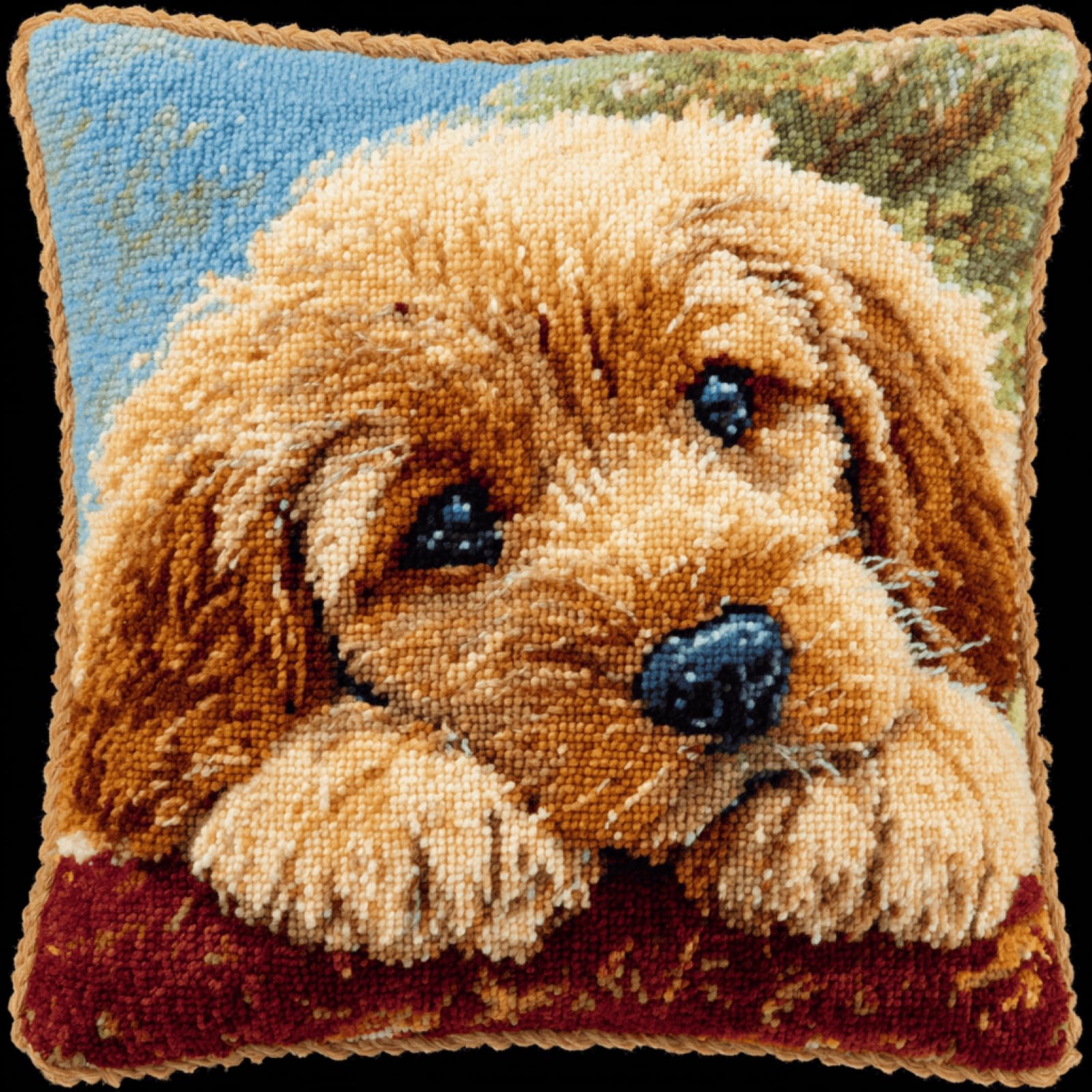 XDEGHUANGSS Latch Hook Kit DIY Cocker Spaniel Pillow Cover Cushion - Beginner Handmade Yarn Kit Sofa Home Decor Material Pack Gift,43x43 cm