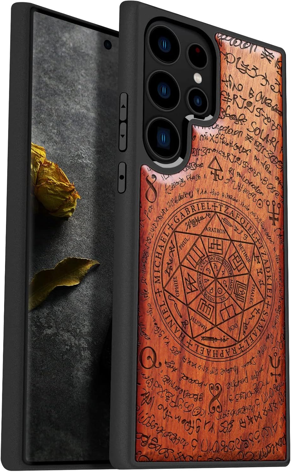 Carveit Wood Case for Galaxy S23 Ultra Case [Natural Wood & Black Soft TPU] Shockproof Protective Cover Unique & Classy Wooden Design Compatible with Samsung S23 Ultra (Solomon's Seals-Rosy)