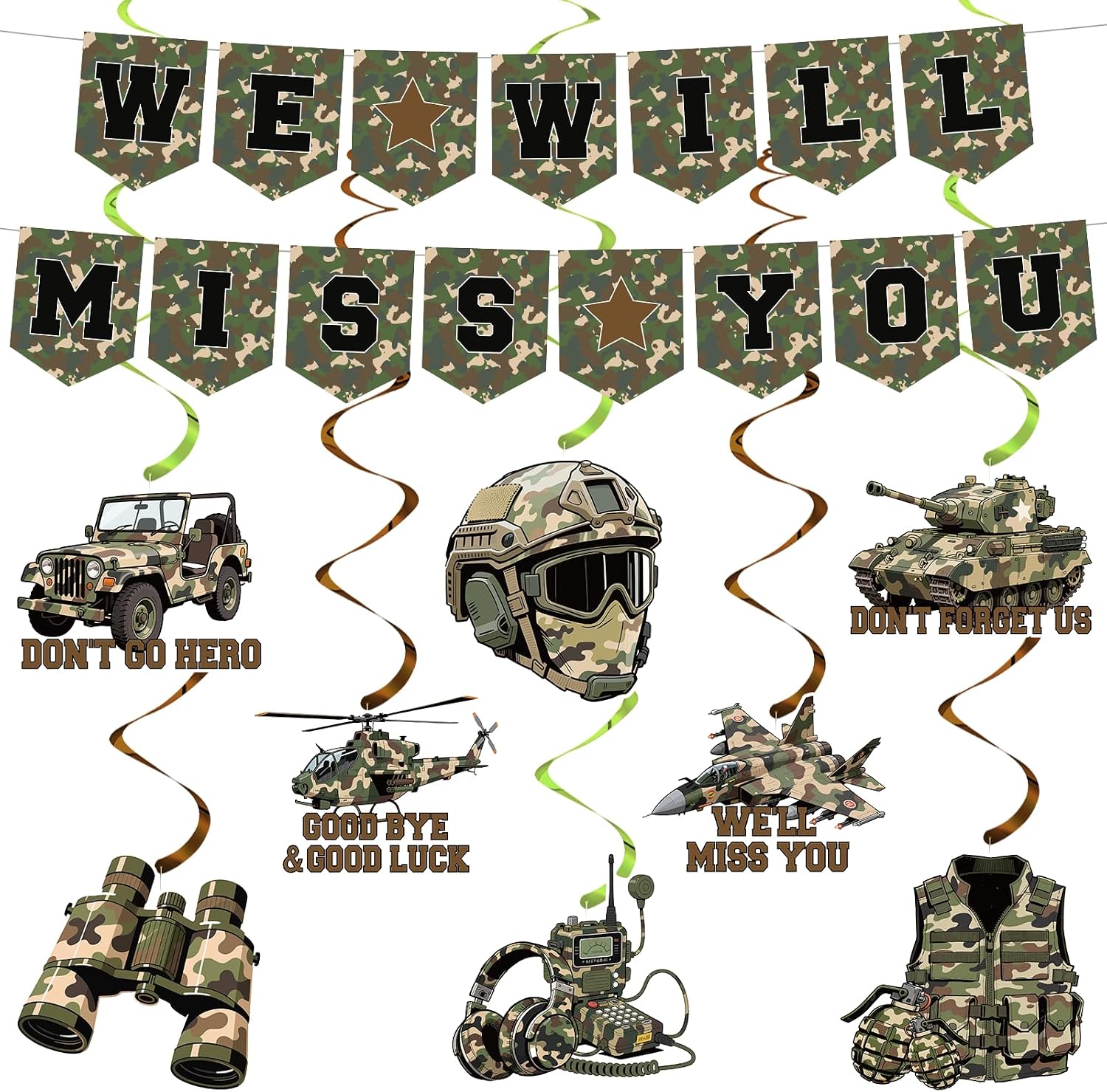 Camouflage We Will Miss You Banner Military Welcome Home Army Banner Patriotic Soldier Hanging Swirls Military Homecoming Army Go Away Party Decorations for Men Women Memorial Day and 4th of July
