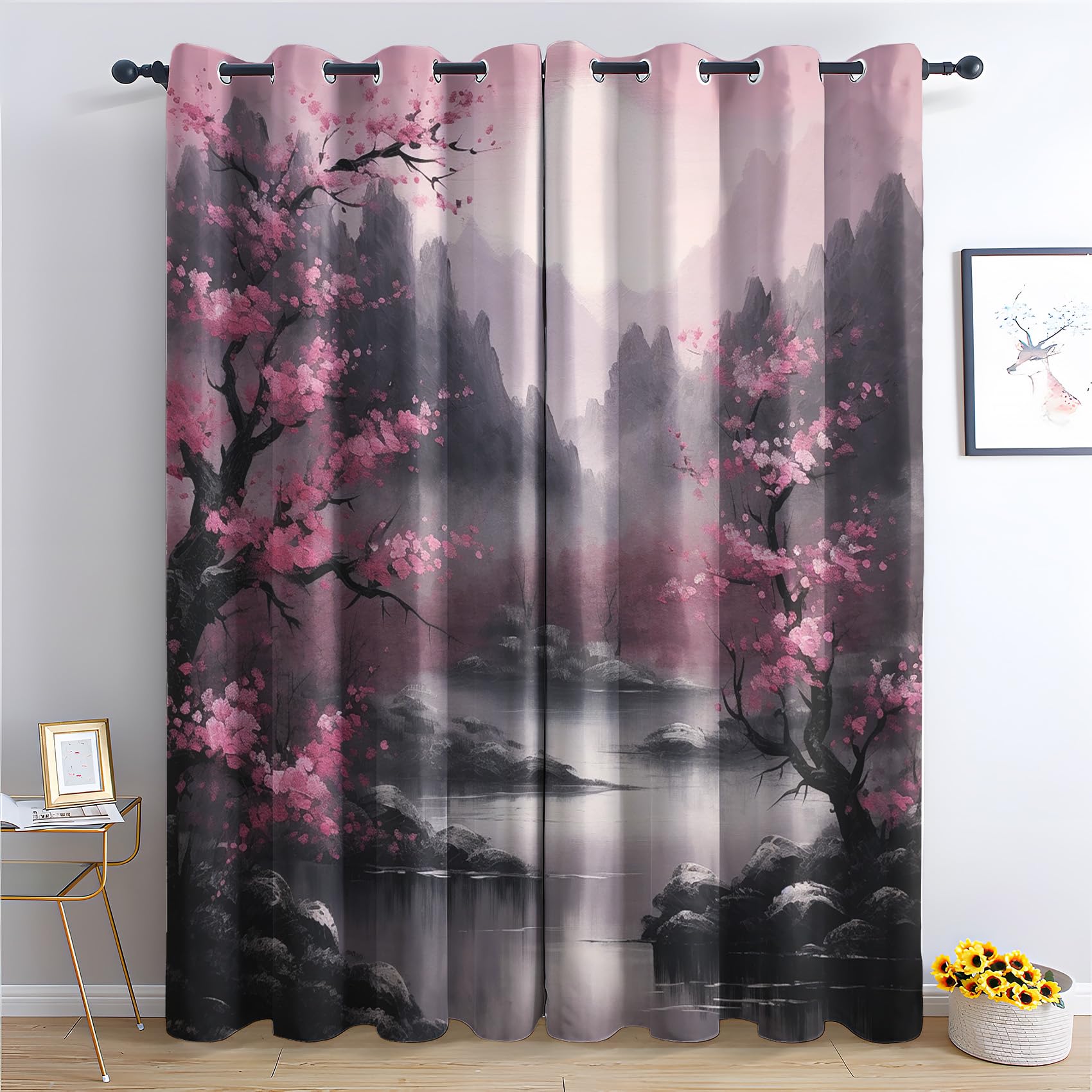 QEODAH Cherry Blossom Curtains 137cm Drop, Japanese Landscape Asian Nature Patterned Blackout Curtains for Bedroom, Living Room Decor, Soft Thermal Insulated Eyelet Drapes for Windows - 2 Panels
