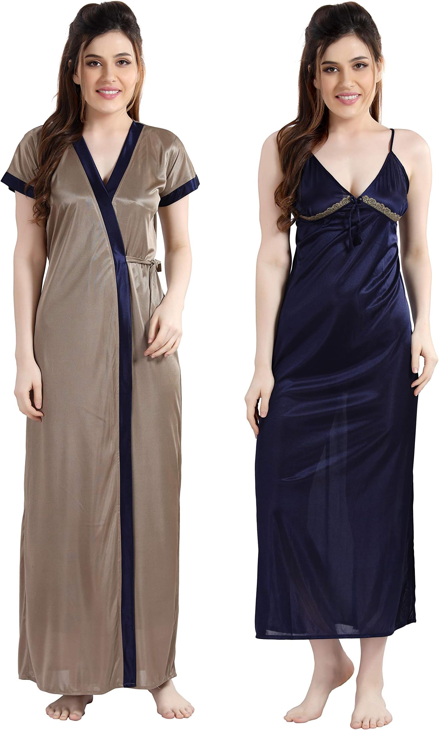 AV2 Women's Satin Solid Knee Length Nighty with Robe