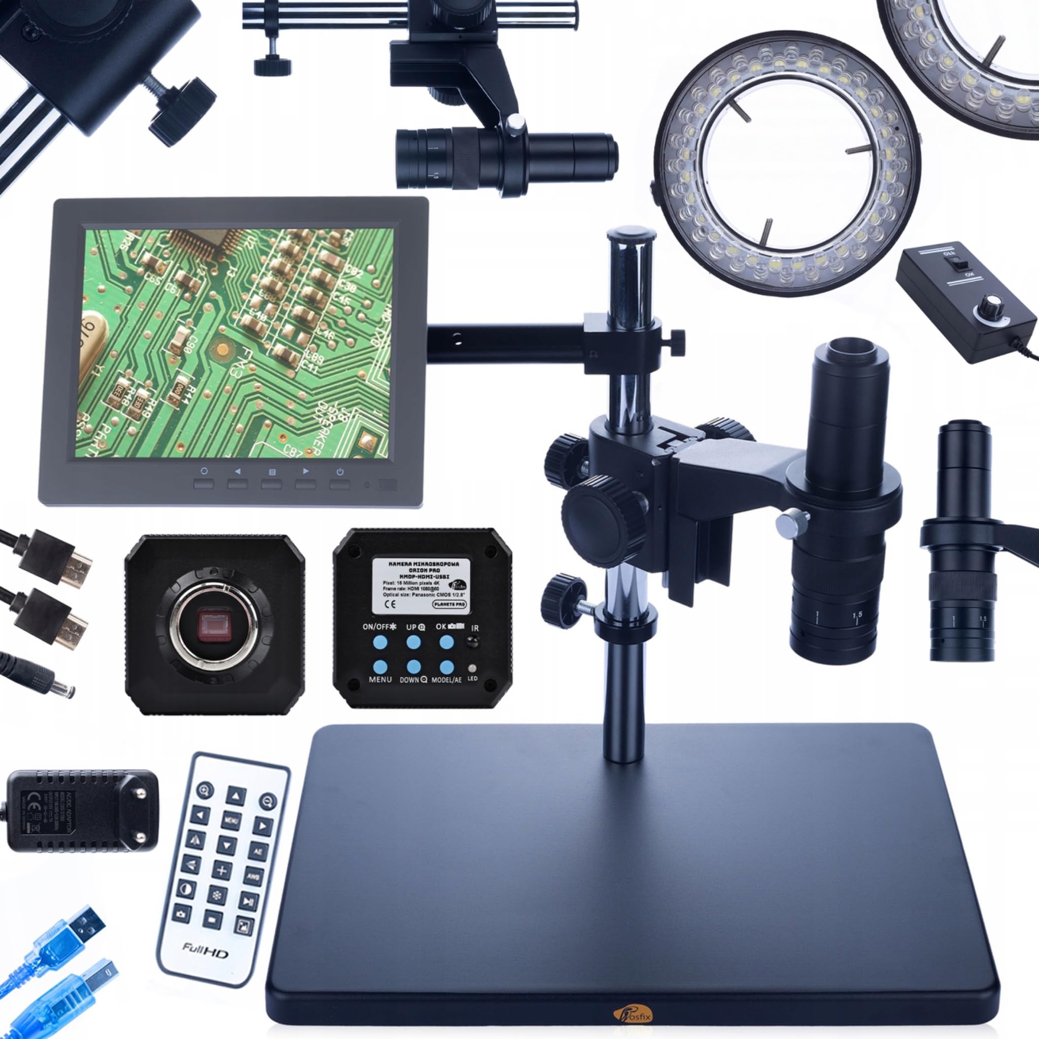 Rosfix Zestaw Earth Pro MCEP-0.5X – mikroskop cyfrowy z zoomem 7-45x, 56 x LED światło pierścieniowe i kamera Orion Pro, mocowanie C-Mount, do elektroniki, biologii, przemysłu, system mikroskopowy