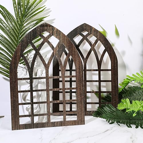 Miniatura 7 de Yulejo 2 marcos rústicos de ventana para decoración de pared, decoración de pared de granja de madera de 15.6 x 11 pulgadas, ventana de catedral