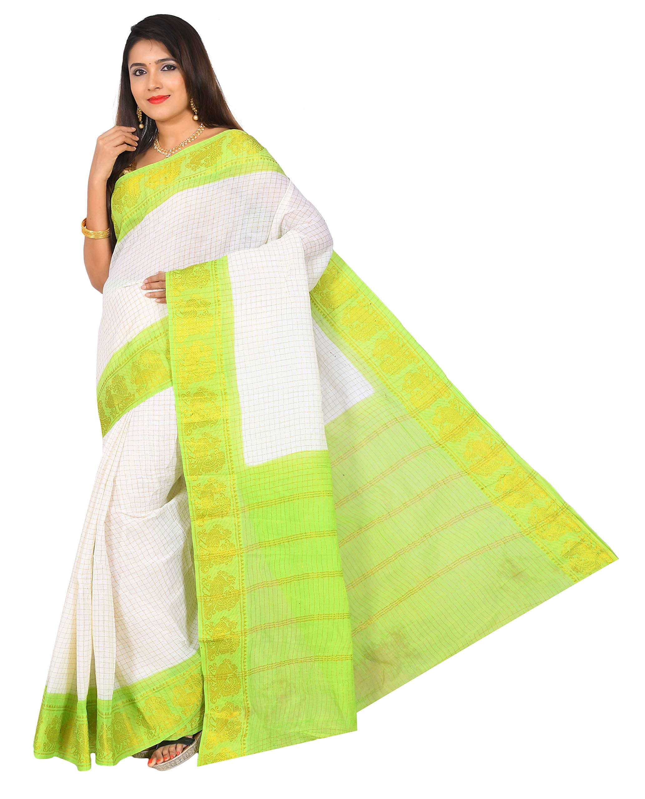 JISB Women's Cotton Saree (CNP01447 GREEN_Off-White)