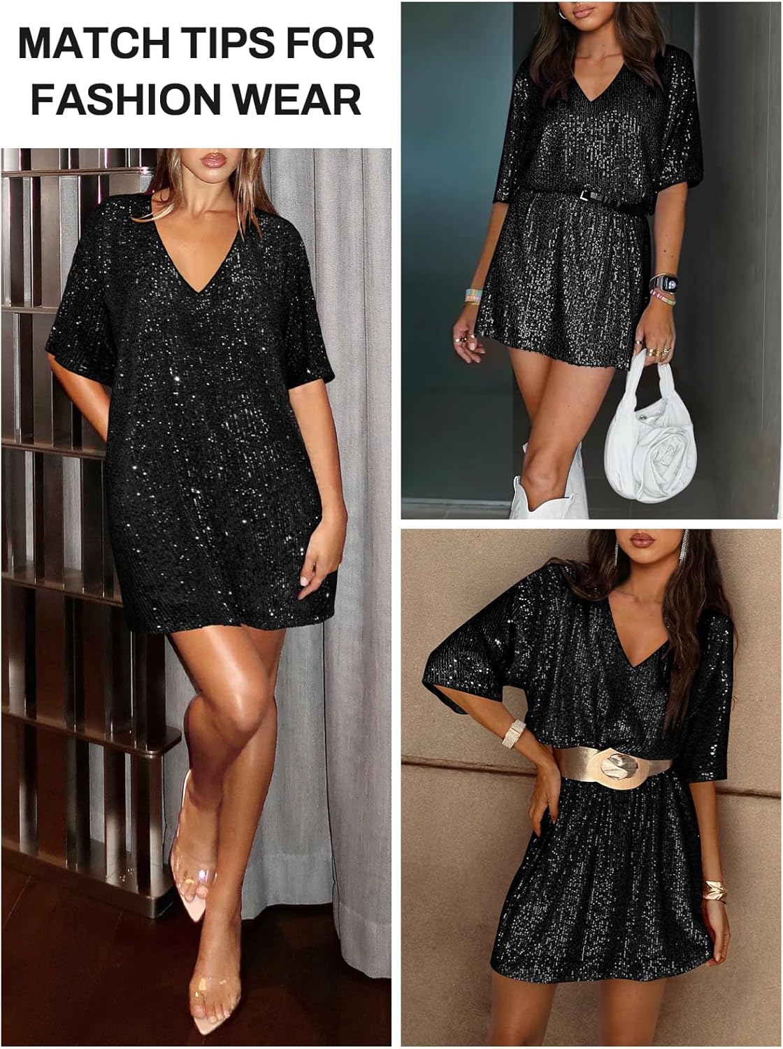 Women's Crew Neck Sequin Dress for Women Sexy V Neck Shirt Dress Sparkly Half Sleeve Loose Party Club Cocktail Dress - Image 5