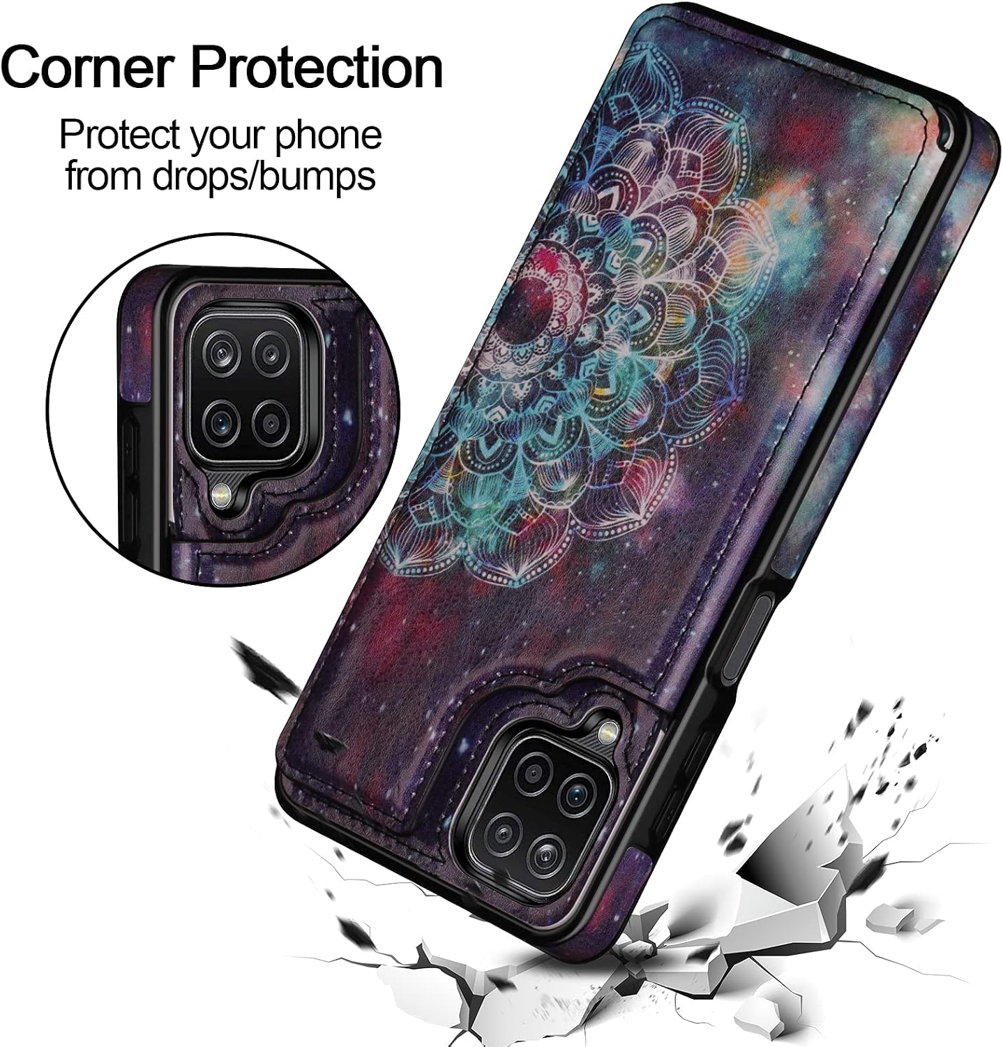 HianDier Compatible with Galaxy A12 Wallet Case Slim Protective Case with Credit Card Slot Holder Flip Folio Soft PU Leather Magnetic Closure Cover Compatible with Samsung Galaxy A12, Mandala