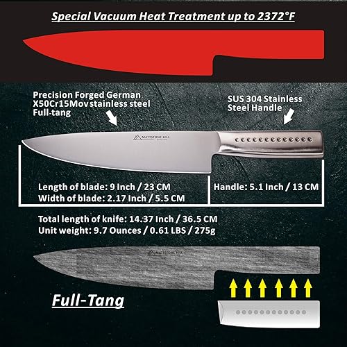 Miniatura 3 de MATTSTONE HILL - Cuchillo de cocina profesional de 9 pulgadas, cuchillo de chef ultra afilado de acero alemán, cuchillo para verduras, mango