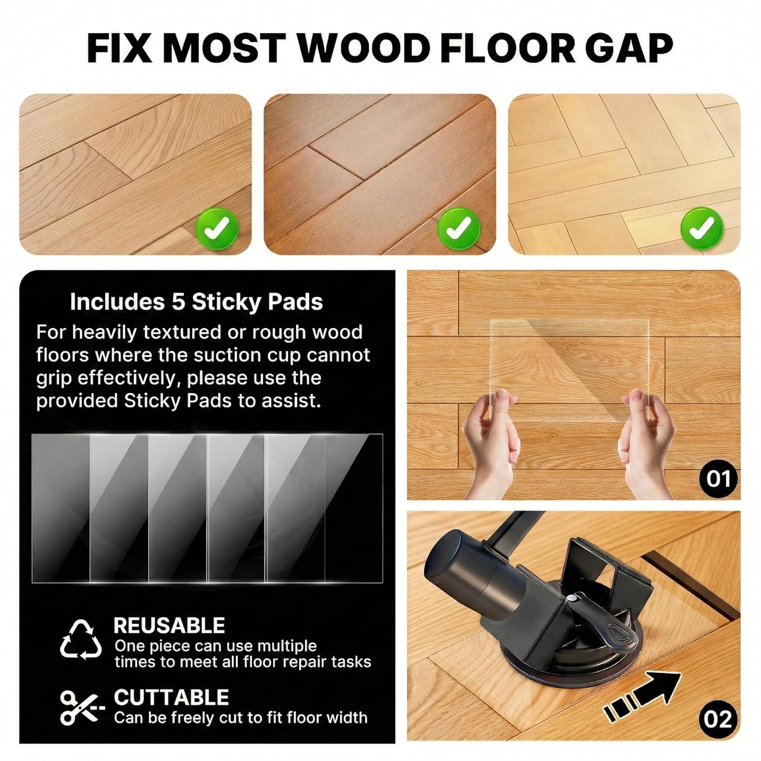 Floor Gap Fixer Tool Heavy Duty 45°Striking Surface Floor Gap Repair Tool Made of Iron & Enhanced Suction Cup with Slot Cutter and 5pcs Sticky Pads for Fixer Laminate/Vinyl Flooring Tools