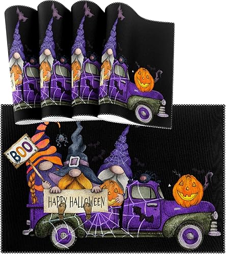 visesunny Juego de 6 manteles individuales para decoración de escritorio, diseño de camión de Halloween, lindo gnomo, calabaza, juego de 6 manteles