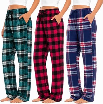 Essential Elements Womens 3 Pack Cotton Flannel Plaid Pajama Lounge Pants