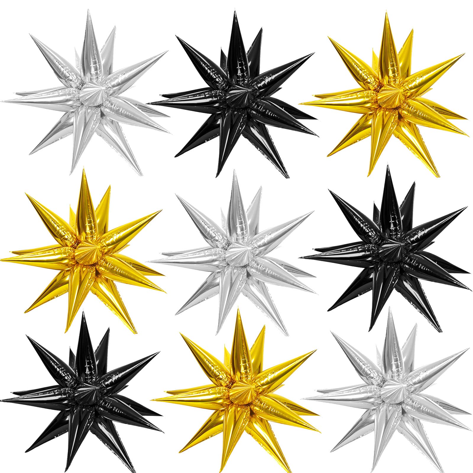 108 Pcs Explosion Star Foil Balloons, Black Gold Silver Metallic Star Balloons Starburst Cone Mylar Balloons Spike Balloons Fireworks Balloons for Halloween Xmas Birthday Baby Shower Photo Props