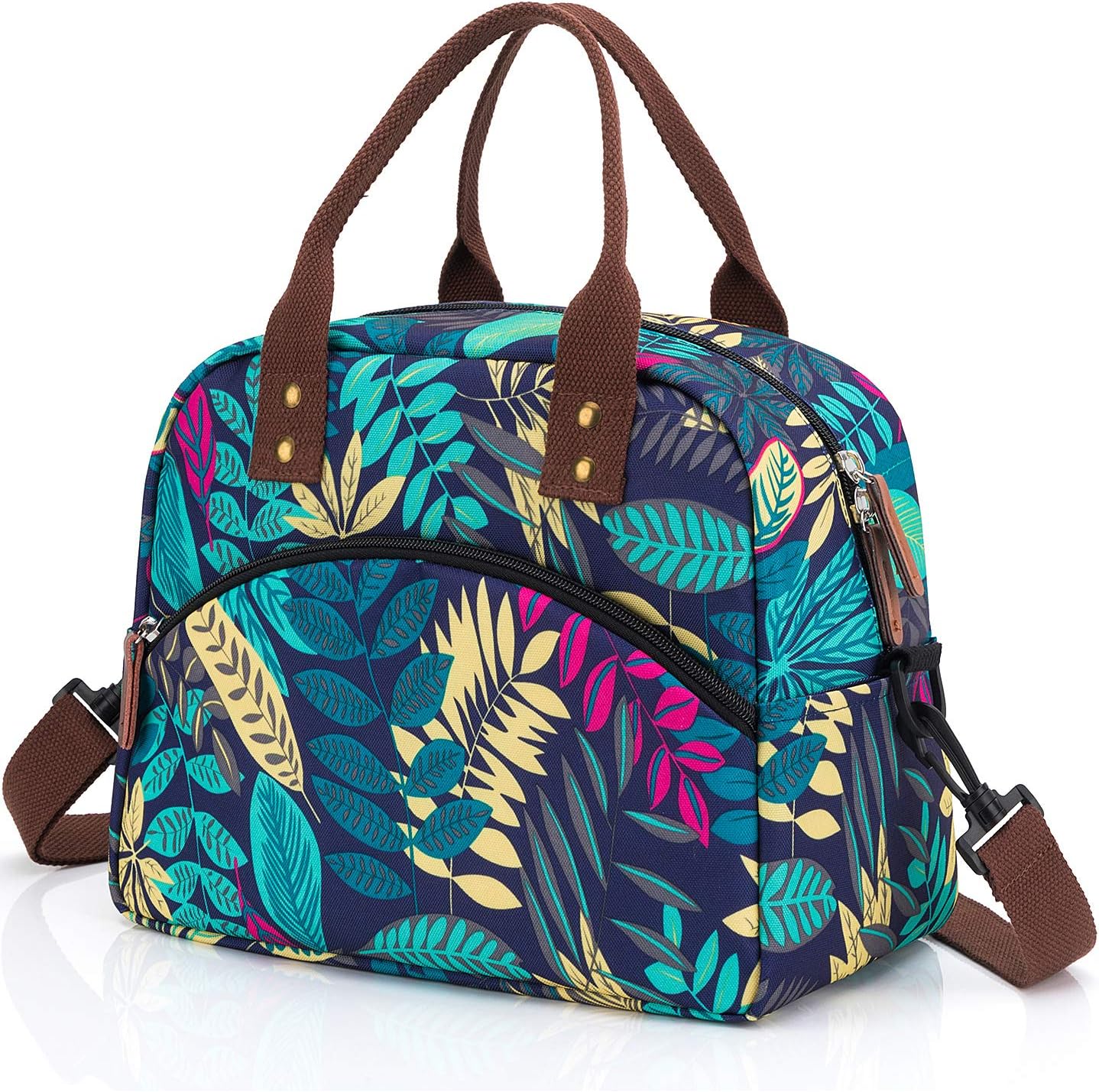 Insulated Lunch Box Bag with Detachable Shoulder Strap & Carry Handle,Leak Proof Reusable Lunch bag, Eco-friendly Cooler Bag, Lunch Box for Men and Women (Blue Leaves)