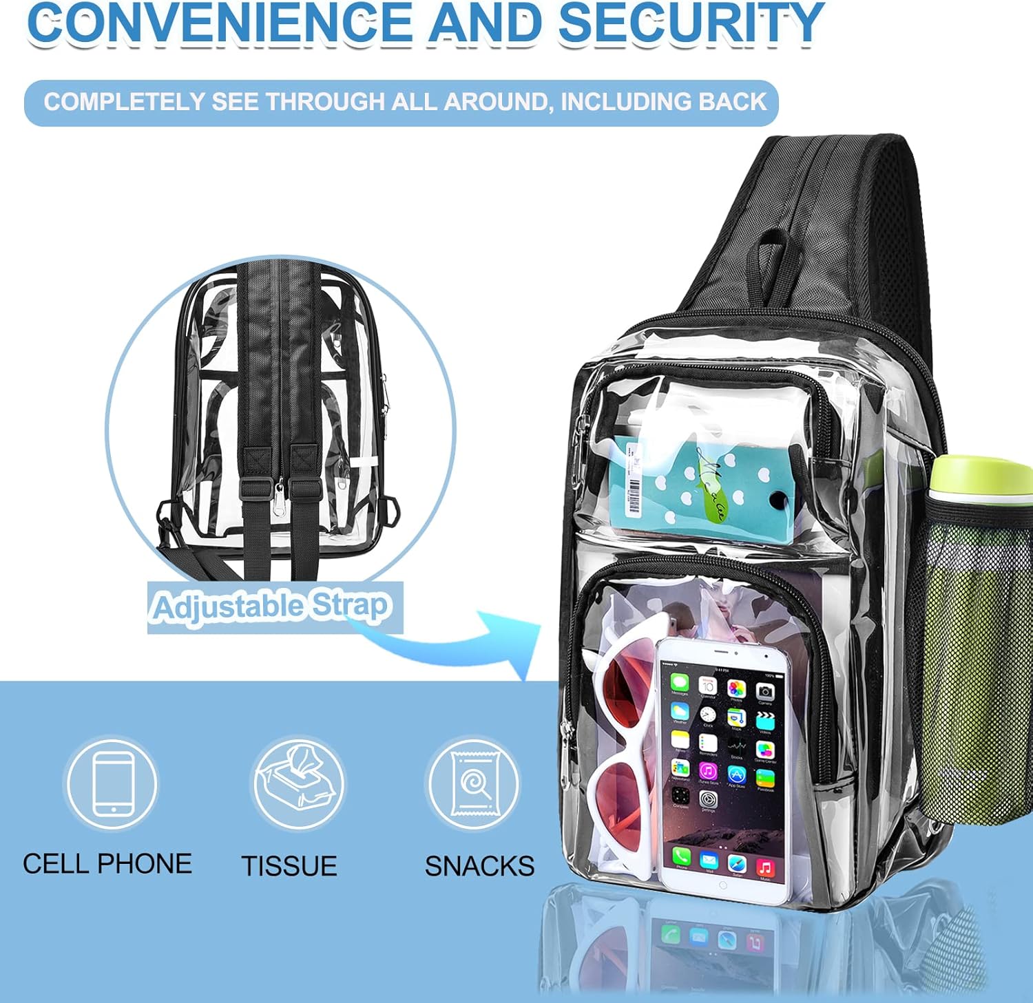 Clear Backpack Stadium Approved with Adjustable Reinforced Straps, 3 in 1 Clear Crossbody Bag for Festivals and Games (Plus size)-Black - Image 6
