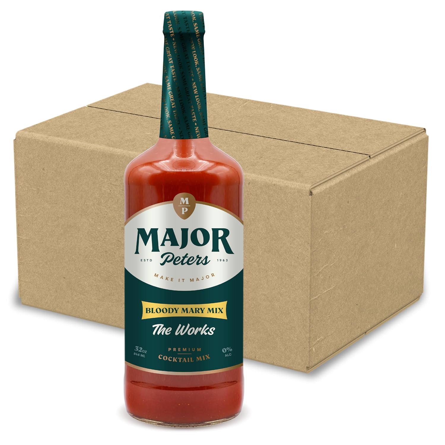Major Peters' Premium, Full Body Bloody Mary Mix, Only Add Spirits & Garnishes for Ideal Drink, The Works (32 Fl Ounce, Pack of 12)