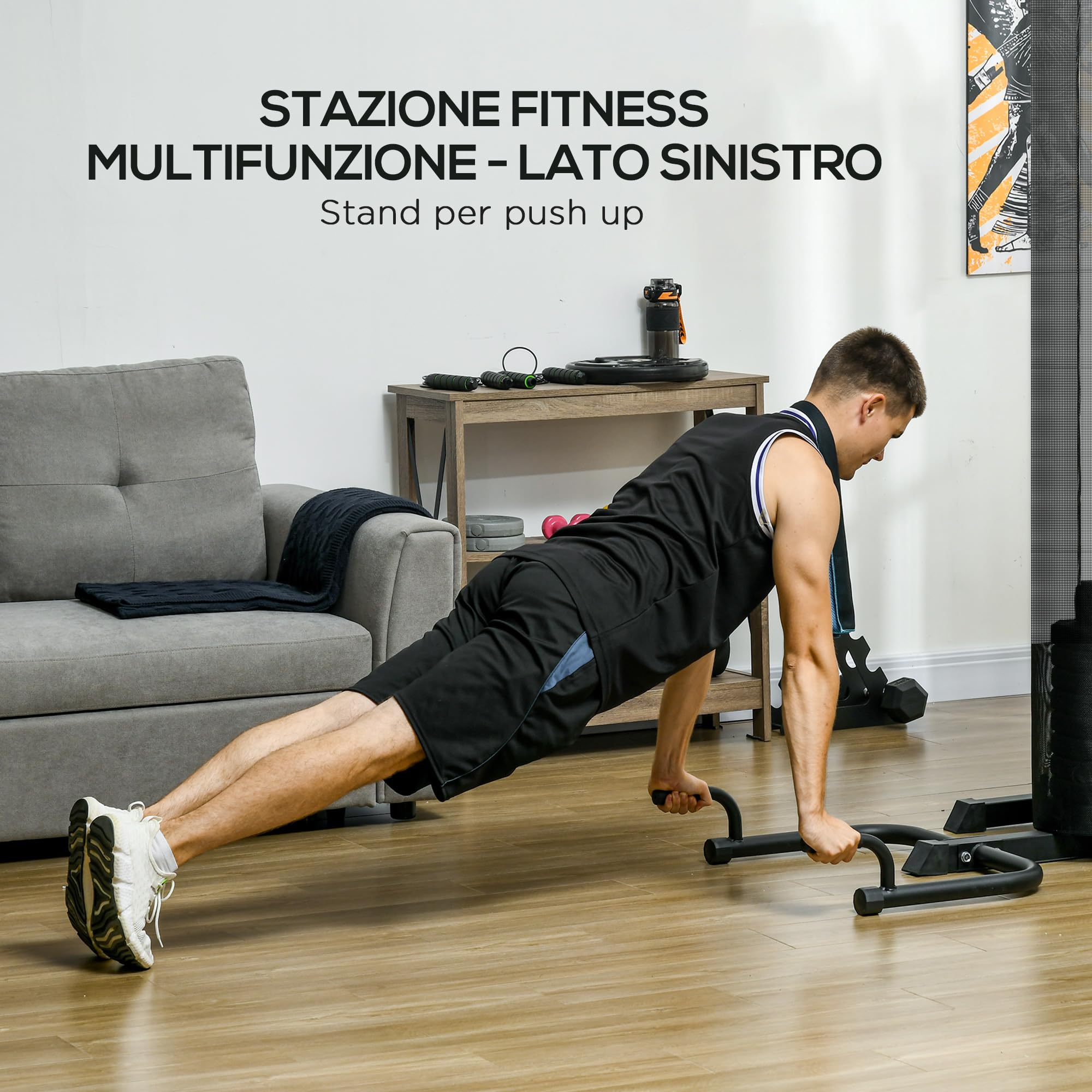SPORTNOW Stazione Fitness Multifunzione per Allenamento del Corpo, Panca Multifuzione in Acciaio e PU con 65kg di Pesi totale, 225x175x200 cm, Nero